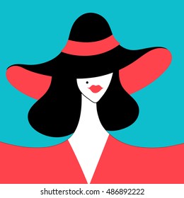 Graphic portrait of a beautiful lady in the hat for the beauty salon