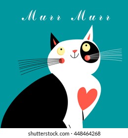 Graphic portrait of a cat with a heart on a blue background
