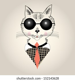 graphic portrait of a cat on a retro hipster background 