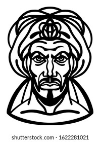 Graphic portrait of eastern Sultan or Shah in traditional turban. Arabian, Turk, Asian men. Islamic, muslim leader. Simple drawing, isolated, for custom print and design. Vector stock illustration.