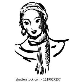 Graphic portrait of a girl with big eyes, short styled hair, scarf, earrings. Fashion illustration with young lady. Smiling woman sketch for prints, posters, design, banners, cards, advertising