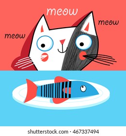 Graphic portrait of a kitten with a fish on a red background