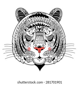 graphic portrait ornamental tiger on a white background