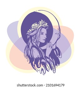 Graphic portrait of a young woman with the moon in her hands and a wreath of flowers on her head. Astrology art