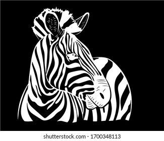 Graphic portrait of a zebra in profile in isolate on a black background. Vector illustration.