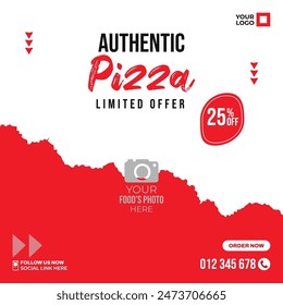 Graphic post template design for social media websites like Facebook or Instagram for restaurants' fast food sale or promotion. Discount sale vector graphics ad. Red and white color square banner.