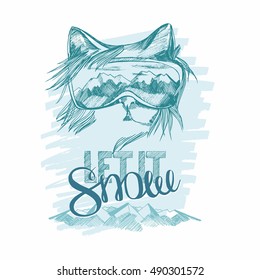 graphic poster with cat snowboarder and  hand drawn phrase lettering let it snow. vector illustration