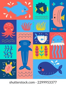 Graphic poster with cute funny sea animals. vector gaphics for prints on pillows mugs bags postcards. Bright summer illustration perfect for childrens parties.