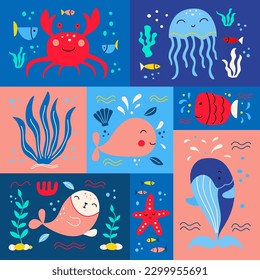 Graphic poster with cute funny sea animals. vector gaphics for prints on pillows mugs bags postcards. Bright summer illustration perfect for childrens parties.