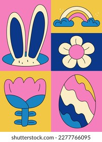 Graphic poster for Easter. Retro cartoon style. Bunny ears, rainbow, egg, flowers. Hippie design. Festive concept. 