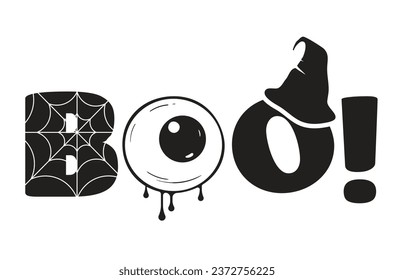 Graphic poster with Halloween lettering. Letters decorated with cobwebs, a monster's eye and a witch's hat. Vector illustration with black letters isolated on white background.