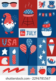 Grafisches Poster mit nationalen Symboliken des Unabhängigkeitstages der USA. Grußkarte für den 4. Juli. Gnome, Ballons, Fahne. Patriotische Elemente im flachen Cartoon-Stil. Retro Vintage Farben. Vektorgrafik.