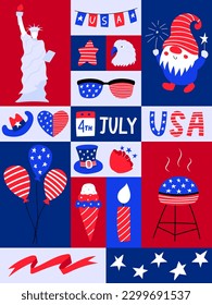 Graphic poster with national symblos of USA independence day. Greeting card for 4th of July. Statue of liberty, grill, gnome. Patriotic elements in flat cartoon style. Color Vector illustration