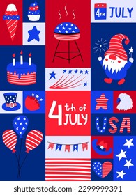 Graphic poster with national symblos of USA independence day. Greeting card for 4th of July. Balloons, cake, stars, flags. Patriotic elements in flat cartoon style. Bright color Vector illustration.