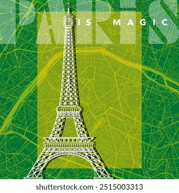 Cartaz gráfico sobre o tema dos monumentos de Paris na França com uma Torre Eiffel com contornos de arames brancos sobrepostos sobre um fundo verde colorido de um mapa da cidade.