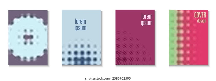 Graphic Poster Set. Summer Concept With Minimal Art. Futuristic Elements On Flat Page. Halftone Flyer. Minimalist Book Template. Geometric Dot Texture. Trendy Graphic Poster