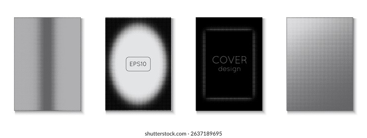 Graphic Poster Set. Wave White And Black  Flyer. Grey Dots Cover. Summer Art In Minimal Design. Minimalistic Brochure In 2d Frame. Halftone Pattern. Greyscale Graphic Poster