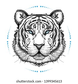 Graphic poster with tiger, front view portrait, hand drawn vector illustration, tattoo design