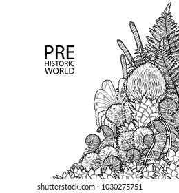 Graphic prehistoric plants drawn in engraving technique. Coloring book page design. Vector exotic art