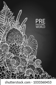 Graphic prehistoric plants drawn in engraving technique. Vector exotic art