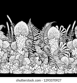 Graphic prehistoric plants drawn in engraving technique. Coloring book page design. Vector seamless exotic border