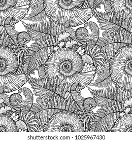 Graphic prehistoric seashell with fern branches growing out from it. Vector natural seamless pattern drawn in engraving technique. Coloring book page design.