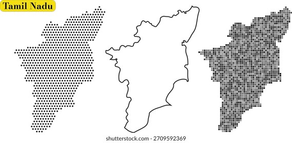 A graphic presentation showing three distinct map styles for the Indian state of Tamil Nadu: one made of dots, one outline, and one pixelated grid.