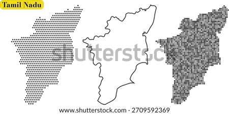 A graphic presentation showing three distinct map styles for the Indian state of Tamil Nadu: one made of dots, one outline, and one pixelated grid.
