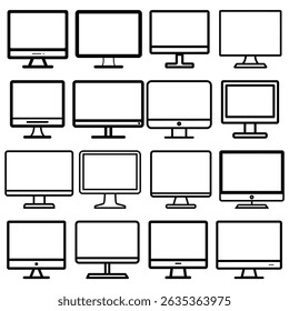 O gráfico apresenta dezesseis estilos diferentes de ícones de monitor de computador de mesa, cada um renderizado como um simples contorno, organizado perfeitamente em um padrão de grade. Fundo transparente.