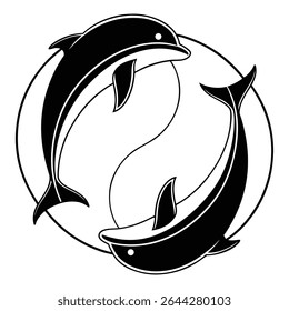 Graphic presents two stylized dolphins in black and white. The animals are intertwined inside a circular outline, creating a smooth, fluid motion vector with a transparent background.