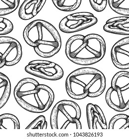 Graphic pretzel seamless pattern. Traditional oktoberfest baking design in engraving technique. Coloring book page