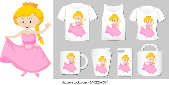 Graphic of princess on different product templates illustration