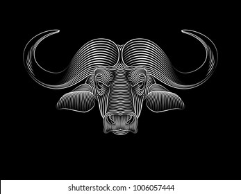 Graphic print of African buffalo. Black background.