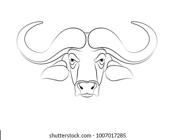 Graphic print of African buffalo outline. White background.