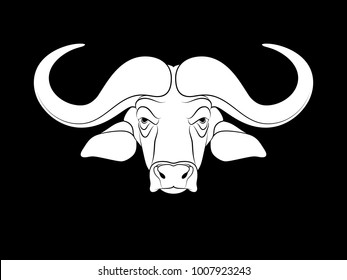 Graphic print of drawn buffalo head. Silhouette on black background.