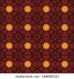 Graphic print flower pattern in red, brown and orange colors. Vector illustration. Seamless pattern vector background with stylized little flowers.