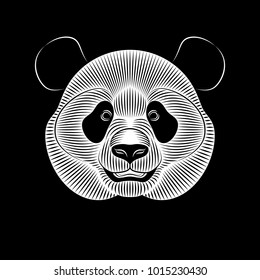 Graphic print of Giant Panda on black background. Line art.