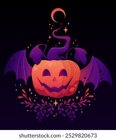 Graphic print for Halloween. Vector colorful hand drawn illustration of pumpkin. Vivid image with gradients and shadows. Pumpkin with membranous wings, stars, plants. 
Card on a dark background.