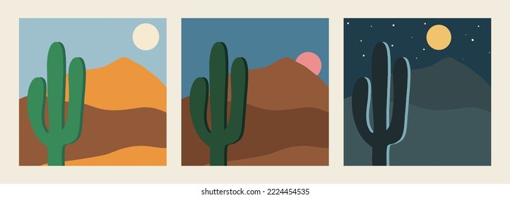 Graphic print inspired by Arizona, summer landscape with cactus. Set of illustrations. Day, evening and night, different times of the day. Flat design, hand drawn cartoon.