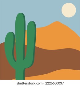Graphic print inspired by Arizona, summer landscape with cacti. Flat design, cartoon hand drawn.