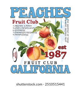 impressão gráfica, frutos de pêssego t projetos de camisas, gráfico meninas, California Fruit Club, arte vetorial de pêssego com tipografia, ilustração de frutas vintage retro para tee, gráficos de moda de comida das mulheres