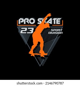 Graphic print silhouette skater, with the colorful background, and text, pro skate, sport divison. Abstract design with the the line style. Art design for print, t-Shirt Print, Poster, Cover and Ads