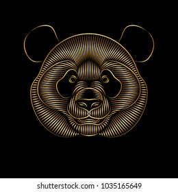Graphic print of stylized gold panda on black background. Linear drawing.