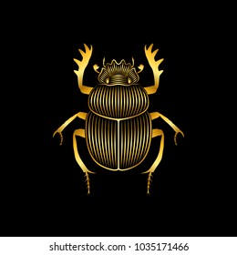 Graphic print of stylized gold scarab on black background. Linear drawing.