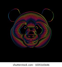 Graphic print of stylized panda in spectrum colors on black background. Linear drawing.