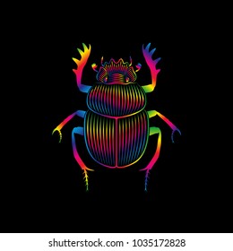 Graphic print of stylized scarab in spectrum colors on black background. Linear drawing.