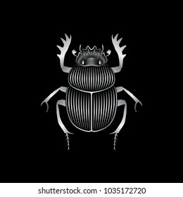 Graphic print of stylized silver scarab on black background. Linear drawing.
