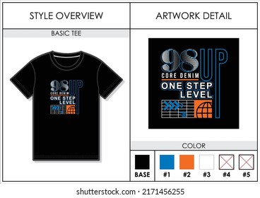 graphic print for tees, abstract design with typography, basic tees for kids boy or boys, with typography one step up level, core denim, design vector illustration, tees design concept