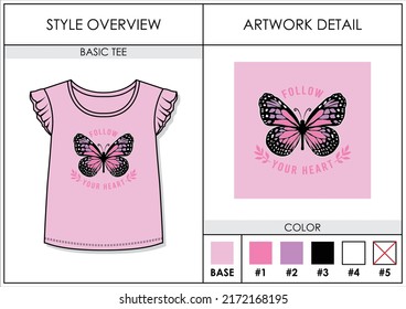 graphic print for tees, basic tees for kids girl or girls, with typography follow your heart and butterfly illustration, design vector illustration, tees design concept