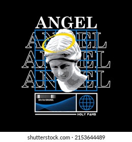 Graphic print tees, with text, angel. Statue vector and abstract design for tees, stylish print for streetwear, urban streetwear, isolated on black background